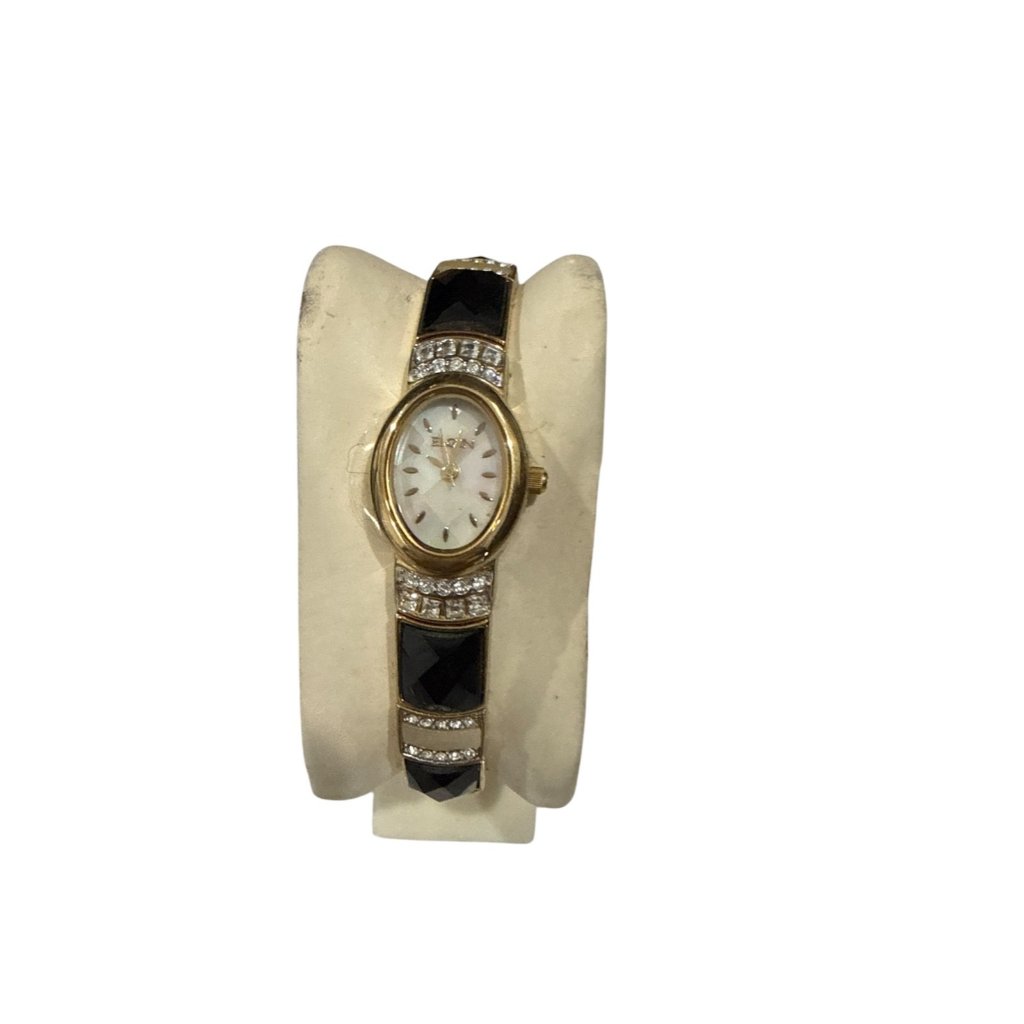 Elgin Womens Oval Black Yellow Gold Tone Mother Of Pearl Dial Watch Eg502 Vtg